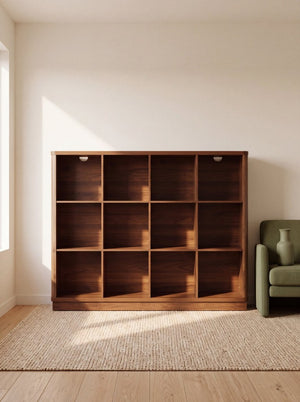 English Elm Book Shelf 12 Cube Walnut Organizer with Curved Edges for Living Room or Bedroom W2641P562763