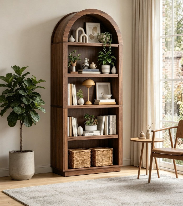 English Elm Arched Walnut Bookcase 75 Inch Tall Five Tier Open Display Shelf for Modern Living Spaces W2641P562764