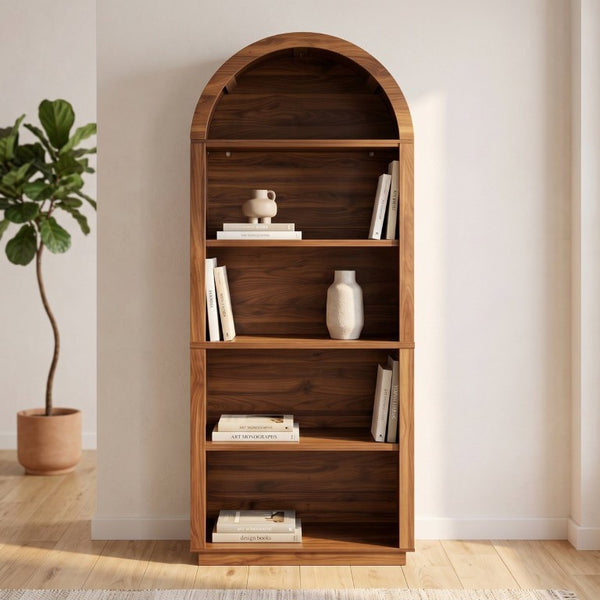 English Elm Arched Walnut Bookcase 75 Inch Tall Five Tier Open Display Shelf for Modern Living Spaces W2641P562764