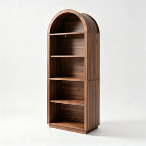 English Elm Arched Walnut Bookcase 75 Inch Tall Five Tier Open Display Shelf for Modern Living Spaces W2641P562764