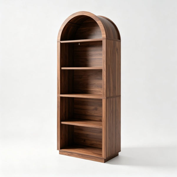 English Elm Arched Walnut Bookcase 75 Inch Tall Five Tier Open Display Shelf for Modern Living Spaces W2641P562764