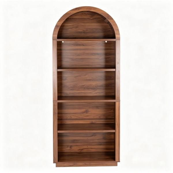 English Elm Arched Walnut Bookcase 75 Inch Tall Five Tier Open Display Shelf for Modern Living Spaces W2641P562764