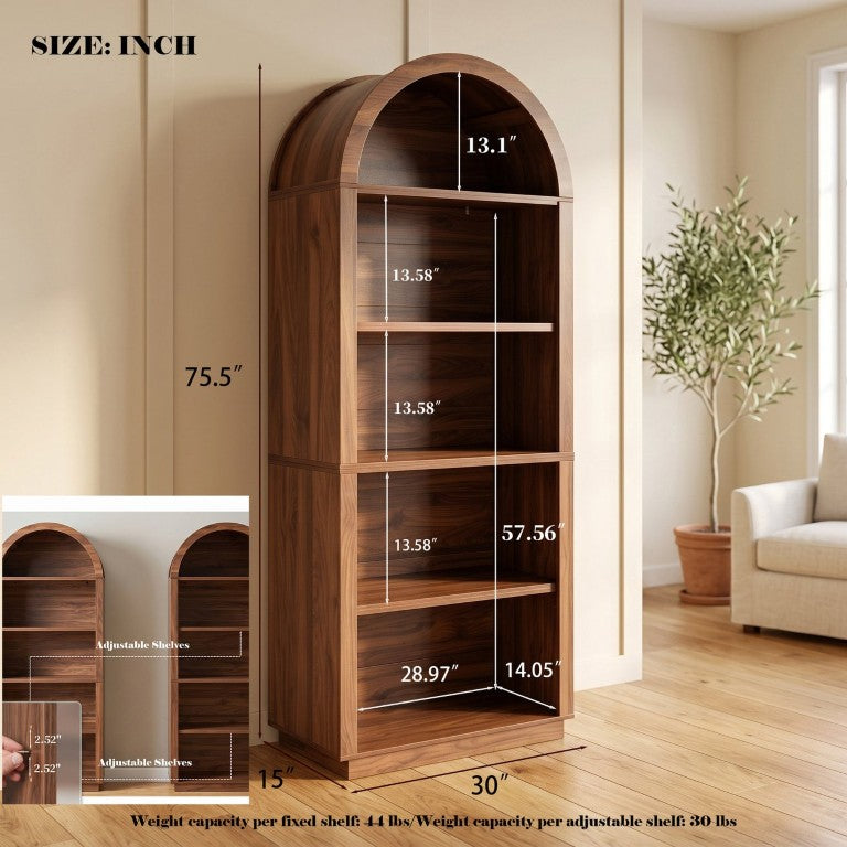 English Elm Arched Walnut Bookcase 75 Inch Tall Five Tier Open Display Shelf for Modern Living Spaces W2641P562764