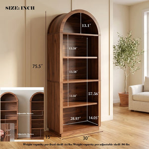 English Elm Arched Walnut Bookcase 75 Inch Tall Five Tier Open Display Shelf for Modern Living Spaces W2641P562764