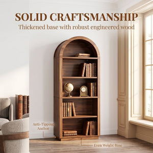 English Elm Arched Walnut Bookcase 75 Inch Tall Five Tier Open Display Shelf for Modern Living Spaces W2641P562764