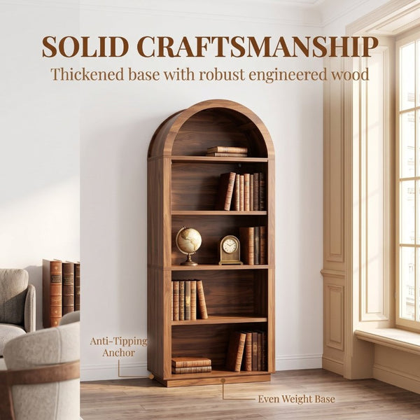 English Elm Arched Walnut Bookcase 75 Inch Tall Five Tier Open Display Shelf for Modern Living Spaces W2641P562764