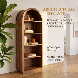 English Elm Arched Walnut Bookcase 75 Inch Tall Five Tier Open Display Shelf for Modern Living Spaces W2641P562764