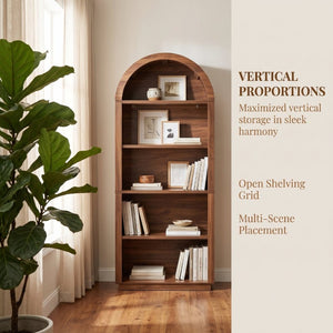 English Elm Arched Walnut Bookcase 75 Inch Tall Five Tier Open Display Shelf for Modern Living Spaces W2641P562764