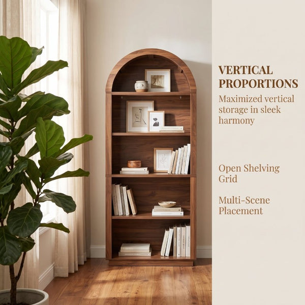 English Elm Arched Walnut Bookcase 75 Inch Tall Five Tier Open Display Shelf for Modern Living Spaces W2641P562764