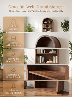 English Elm Arched Walnut Bookcase 75 Inch Tall Five Tier Open Display Shelf for Modern Living Spaces W2641P562764