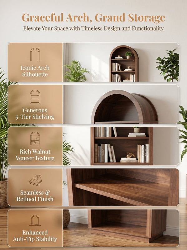 English Elm Arched Walnut Bookcase 75 Inch Tall Five Tier Open Display Shelf for Modern Living Spaces W2641P562764