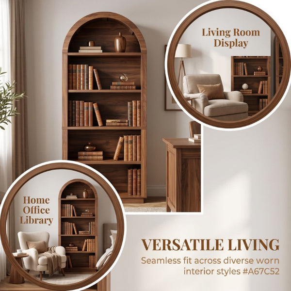 English Elm Arched Walnut Bookcase 75 Inch Tall Five Tier Open Display Shelf for Modern Living Spaces W2641P562764