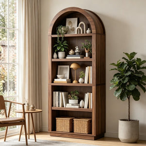 English Elm Arched Walnut Bookcase 75 Inch Tall Five Tier Open Display Shelf for Modern Living Spaces W2641P562764