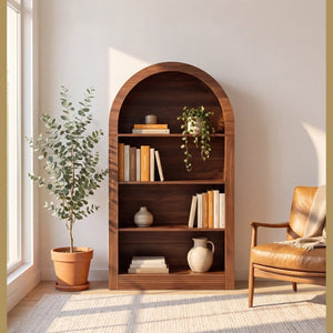 English Elm Arched 4-Tier Walnut Bookcase with Open Shelving for Living Room or Home Office W2641P562765