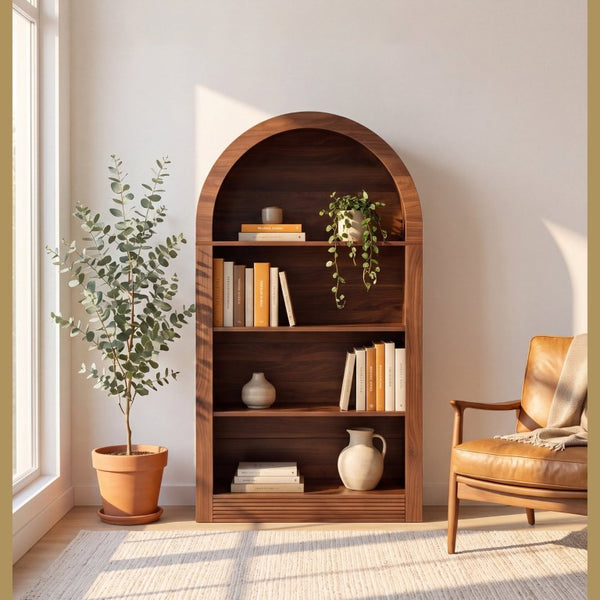 English Elm Arched 4-Tier Walnut Bookcase with Open Shelving for Living Room or Home Office W2641P562765