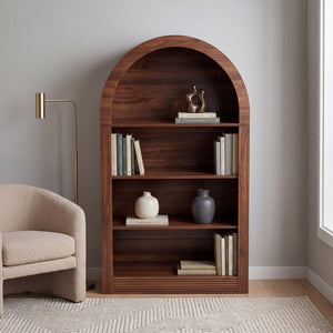 English Elm Arched 4-Tier Walnut Bookcase with Open Shelving for Living Room or Home Office W2641P562765