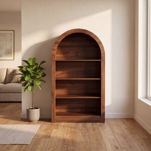 English Elm Arched 4-Tier Walnut Bookcase with Open Shelving for Living Room or Home Office W2641P562765