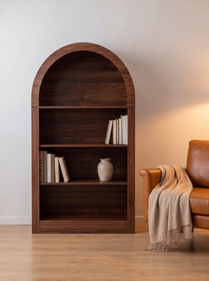 English Elm Arched 4-Tier Walnut Bookcase with Open Shelving for Living Room or Home Office W2641P562765