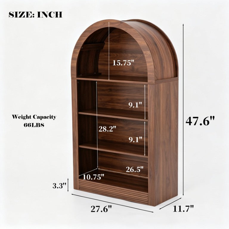 English Elm Arched 4-Tier Walnut Bookcase with Open Shelving for Living Room or Home Office W2641P562765