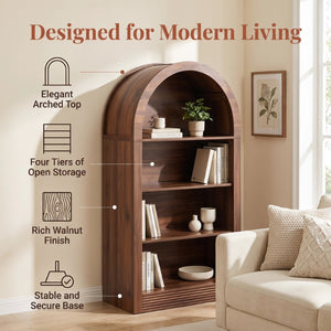 English Elm Arched 4-Tier Walnut Bookcase with Open Shelving for Living Room or Home Office W2641P562765