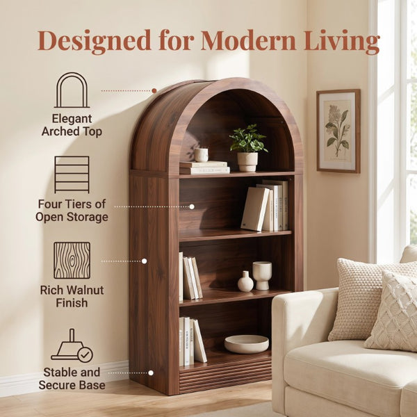 English Elm Arched 4-Tier Walnut Bookcase with Open Shelving for Living Room or Home Office W2641P562765