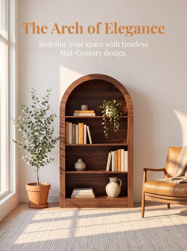 English Elm Arched 4-Tier Walnut Bookcase with Open Shelving for Living Room or Home Office W2641P562765
