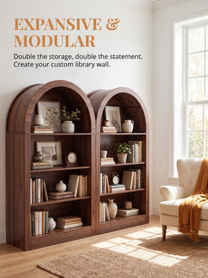 English Elm Arched 4-Tier Walnut Bookcase with Open Shelving for Living Room or Home Office W2641P562765