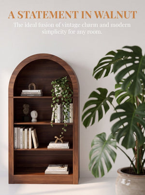 English Elm Arched 4-Tier Walnut Bookcase with Open Shelving for Living Room or Home Office W2641P562765