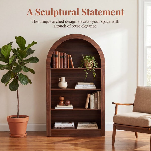 English Elm Arched 4-Tier Walnut Bookcase with Open Shelving for Living Room or Home Office W2641P562765