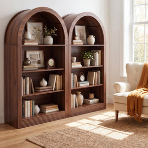 English Elm Arched 4-Tier Walnut Bookcase with Open Shelving for Living Room or Home Office W2641P562765