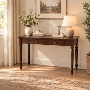 English Elm Writing Desk Solid Pine Walnut Finish French Country Style with Two Storage Drawers W2641P562766