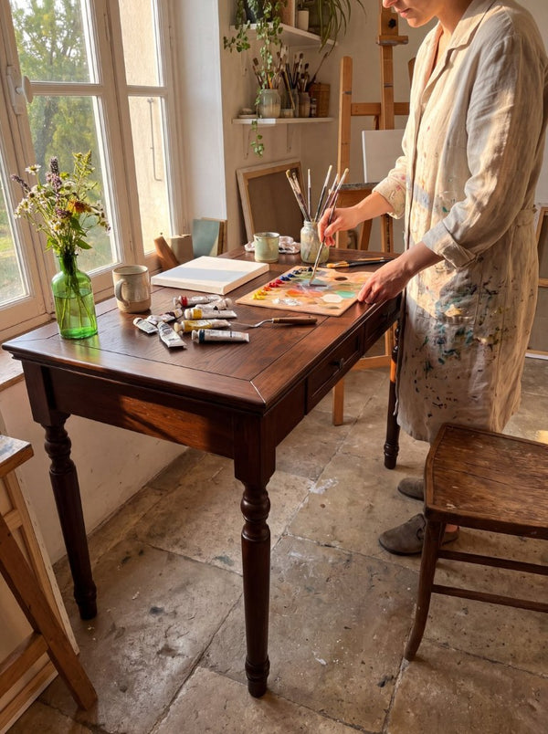 English Elm Writing Desk Solid Pine Walnut Finish French Country Style with Two Storage Drawers W2641P562766