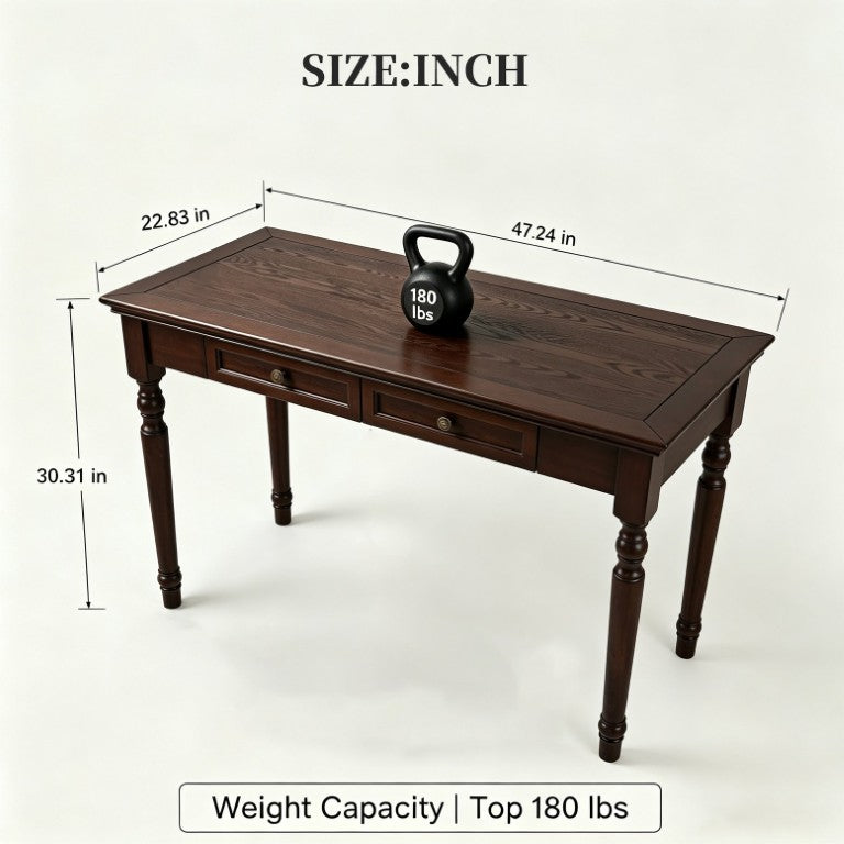 English Elm Writing Desk Solid Pine Walnut Finish French Country Style with Two Storage Drawers W2641P562766