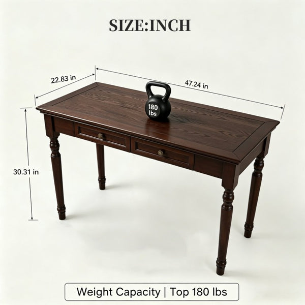 English Elm Writing Desk Solid Pine Walnut Finish French Country Style with Two Storage Drawers W2641P562766