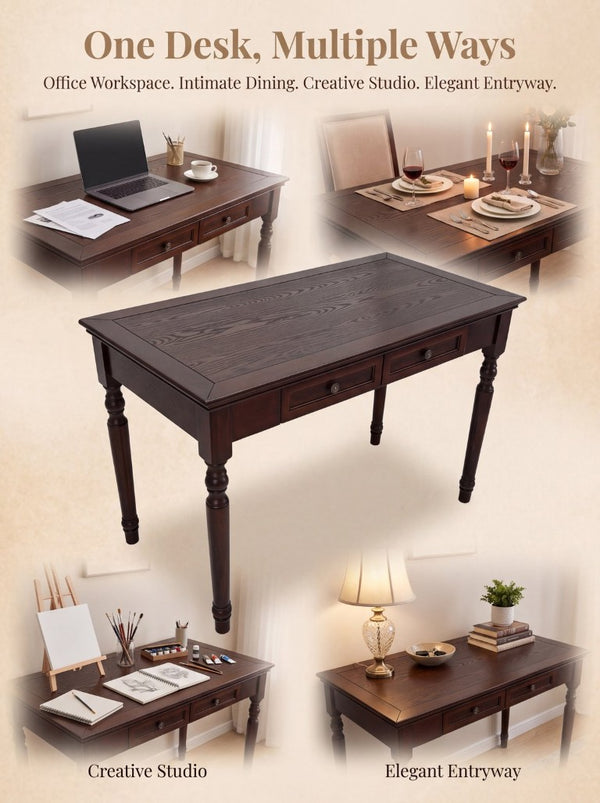 English Elm Writing Desk Solid Pine Walnut Finish French Country Style with Two Storage Drawers W2641P562766