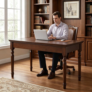 English Elm Writing Desk Solid Pine Walnut Finish French Country Style with Two Storage Drawers W2641P562766