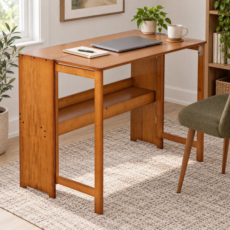 English Elm Bamboo Foldable Writing Desk with Tiered Shelving for Dorm and Small Home Office W2641P563378