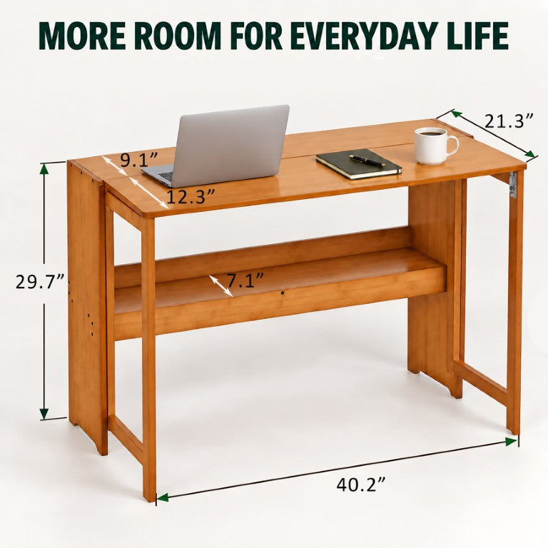 English Elm Bamboo Foldable Writing Desk with Tiered Shelving for Dorm and Small Home Office W2641P563378