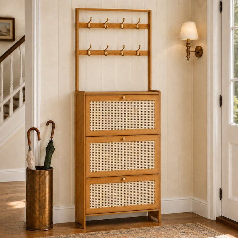 English Elm Shoe Cabinet Bamboo Frame Rattan Flip Drawers with Coat Hooks Slim Entryway Organizer W2641P563379