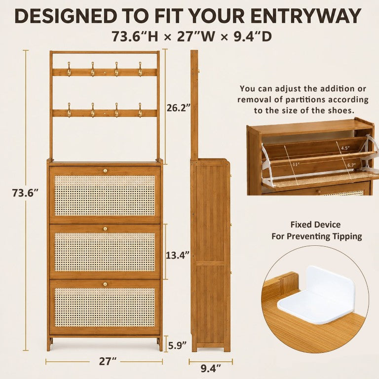 English Elm Shoe Cabinet Bamboo Frame Rattan Flip Drawers with Coat Hooks Slim Entryway Organizer W2641P563379