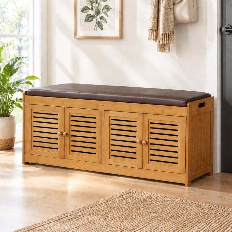 English Elm Bamboo Entryway Shoe Cabinet with Slatted Doors Slim Low Profile Bench Natural Finish W2641P565387