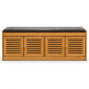 English Elm Bamboo Entryway Shoe Cabinet with Slatted Doors Slim Low Profile Bench Natural Finish W2641P565387
