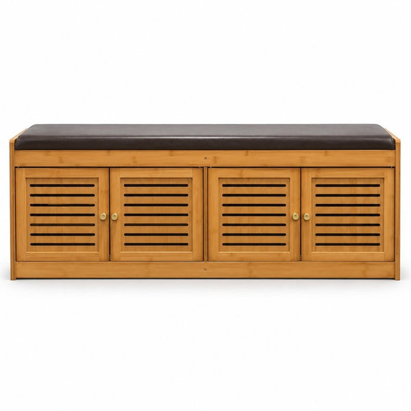 English Elm Bamboo Entryway Shoe Cabinet with Slatted Doors Slim Low Profile Bench Natural Finish W2641P565387