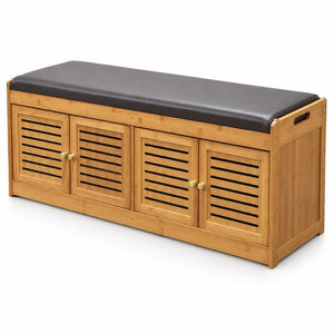 English Elm Bamboo Entryway Shoe Cabinet with Slatted Doors Slim Low Profile Bench Natural Finish W2641P565387