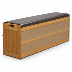 English Elm Bamboo Entryway Shoe Cabinet with Slatted Doors Slim Low Profile Bench Natural Finish W2641P565387