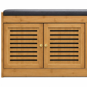 English Elm Bamboo Entryway Shoe Cabinet with Slatted Doors Slim Low Profile Bench Natural Finish W2641P565387