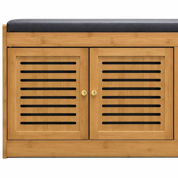 English Elm Bamboo Entryway Shoe Cabinet with Slatted Doors Slim Low Profile Bench Natural Finish W2641P565387