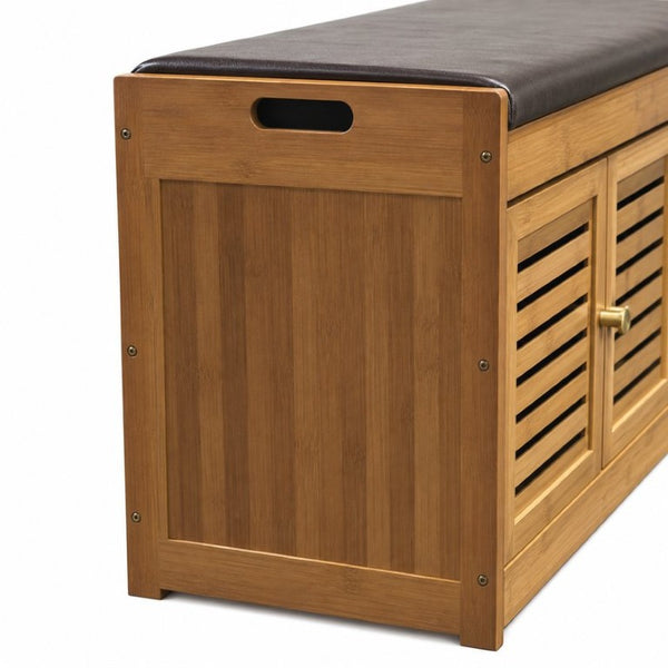 English Elm Bamboo Entryway Shoe Cabinet with Slatted Doors Slim Low Profile Bench Natural Finish W2641P565387