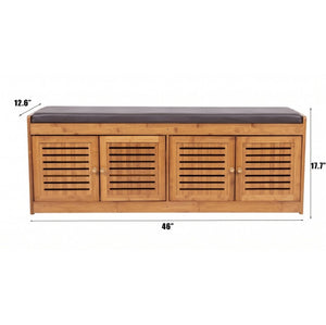 English Elm Bamboo Entryway Shoe Cabinet with Slatted Doors Slim Low Profile Bench Natural Finish W2641P565387