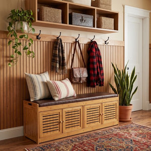 English Elm Bamboo Entryway Shoe Cabinet with Slatted Doors Slim Low Profile Bench Natural Finish W2641P565387